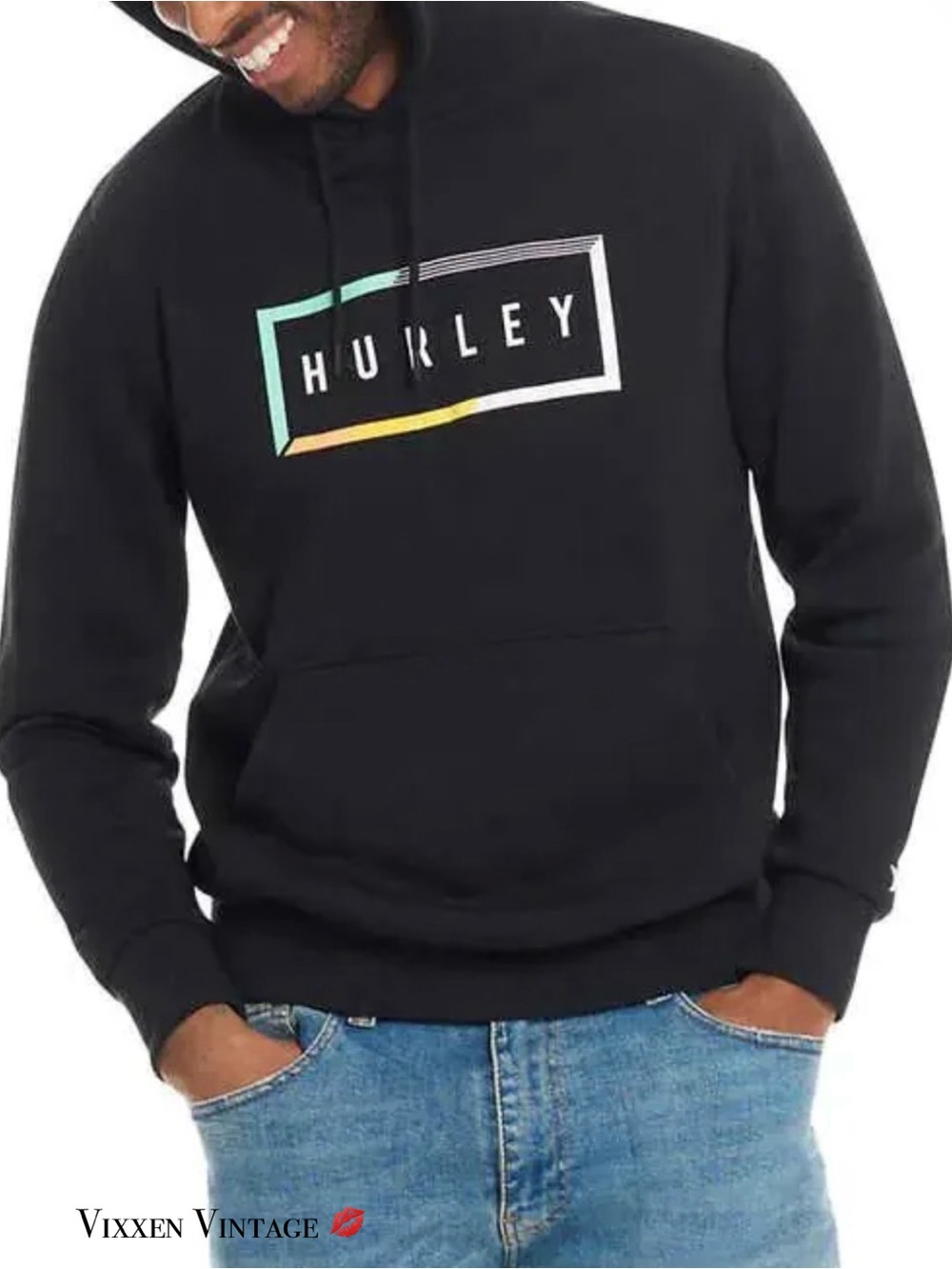HURLEY GRAPHIC FLEECE LINED PULLOVER HOODIE IN BLACK